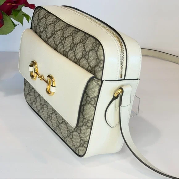 GUCCI Horsebit 1955 Ivory Brown Ebony GG Supreme Leather Crossbody Shoulder Bag - Picture 5 of 13